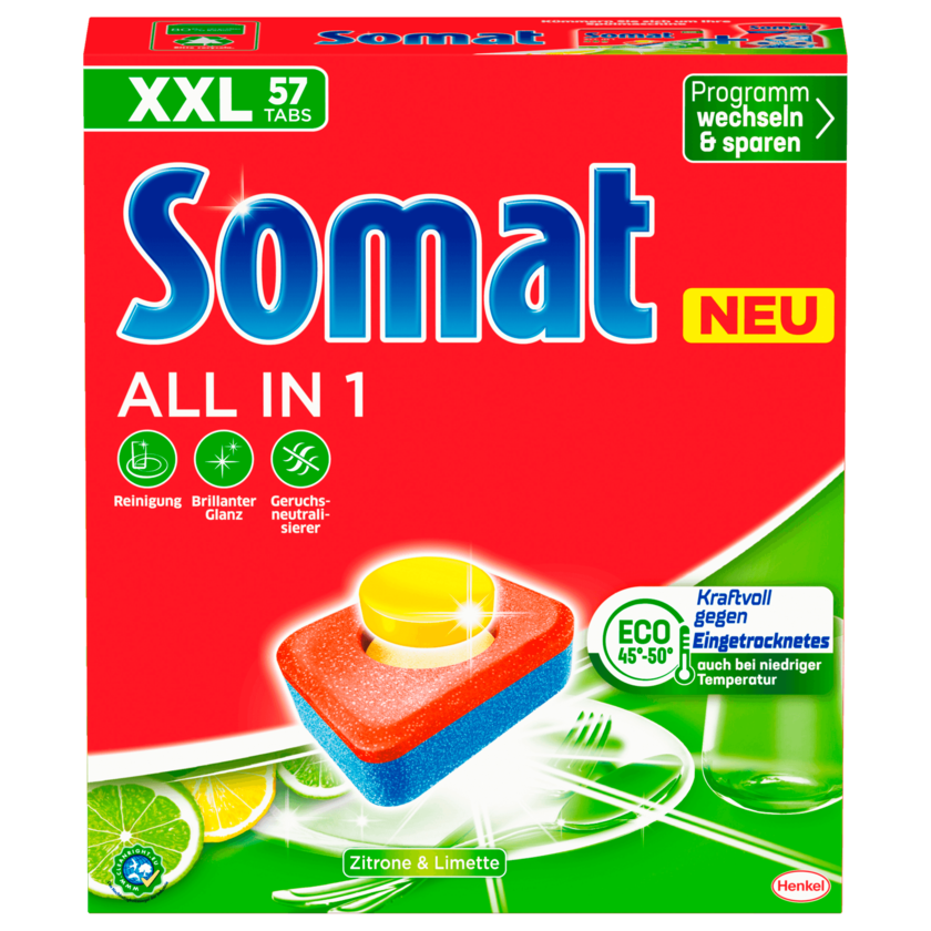 Somat All in 1 Spülmaschinentabs Zitrone & Limette XXL 1kg, 57 Tabs